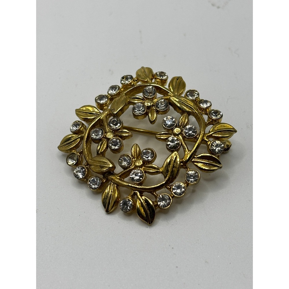 Unbranded Floral Wreath Brooch‎ Women OS Gold Rhinestone Vintage Style Pin